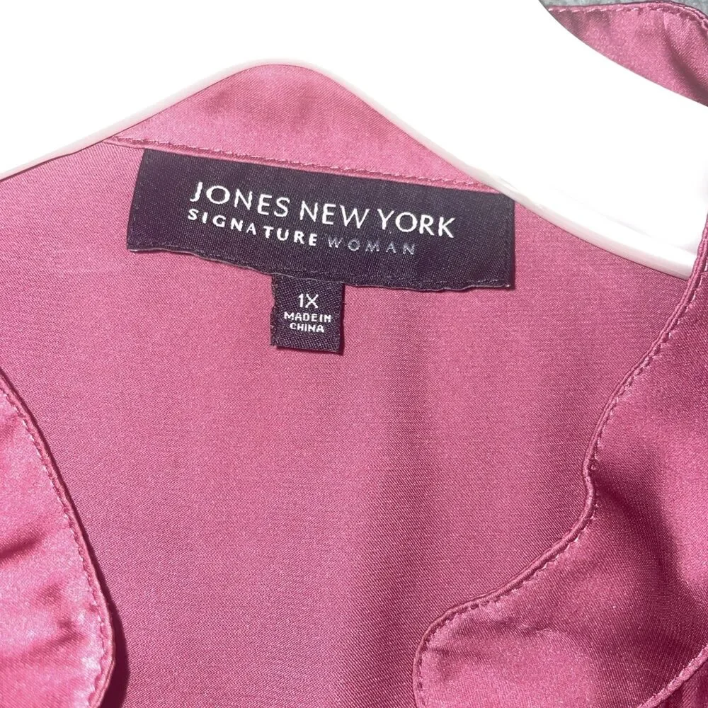 Jones New York Blouse Womens 1X Pink Button Up V Neck Long Sleeve Satin Career - Picture 6 of 12